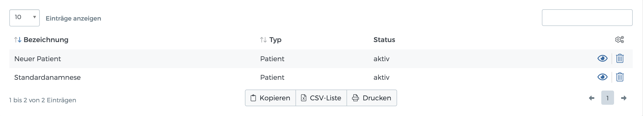 Liste aller Anamnesen