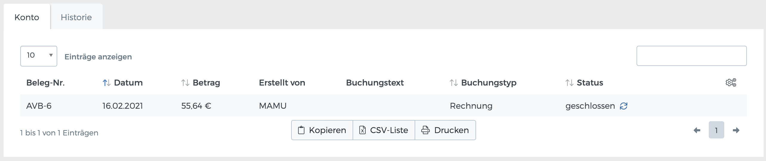 Kontodarstellung eines Kostenträgers