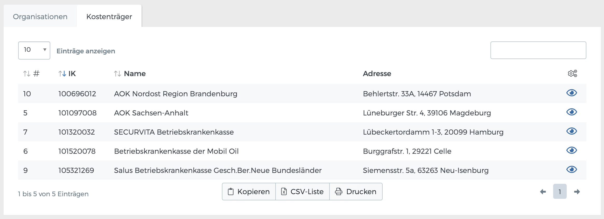 Liste aller Kostenträger