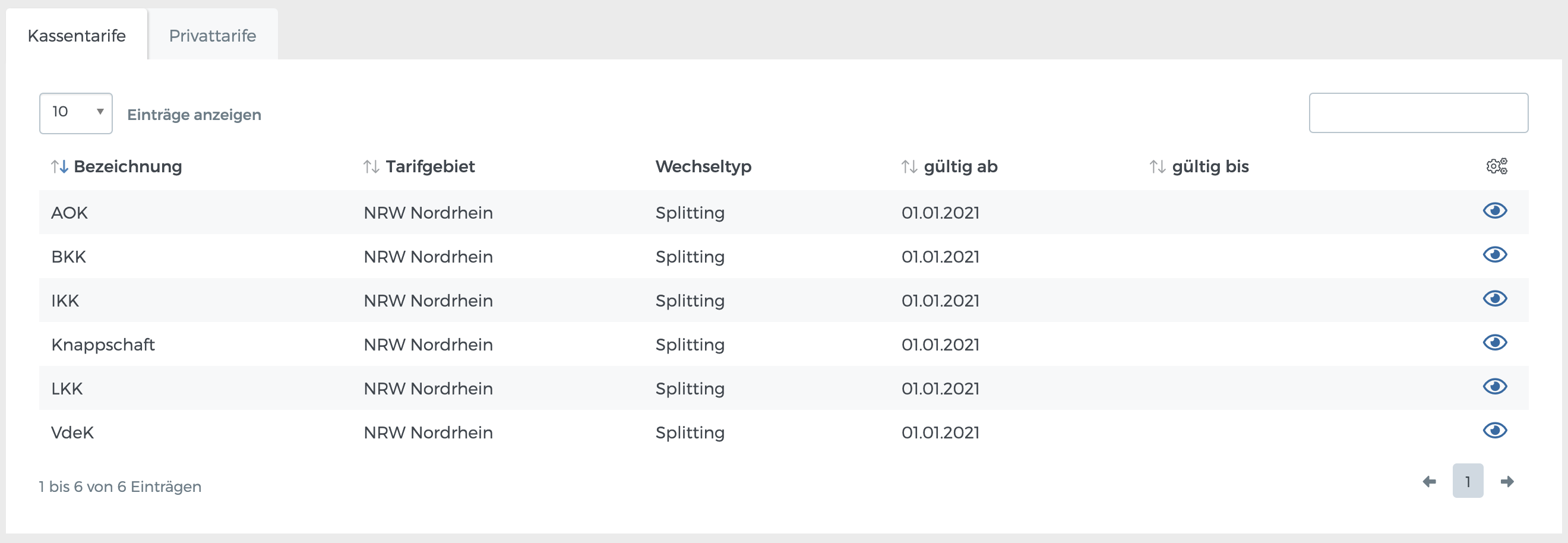 Liste aller GKV-Tarife