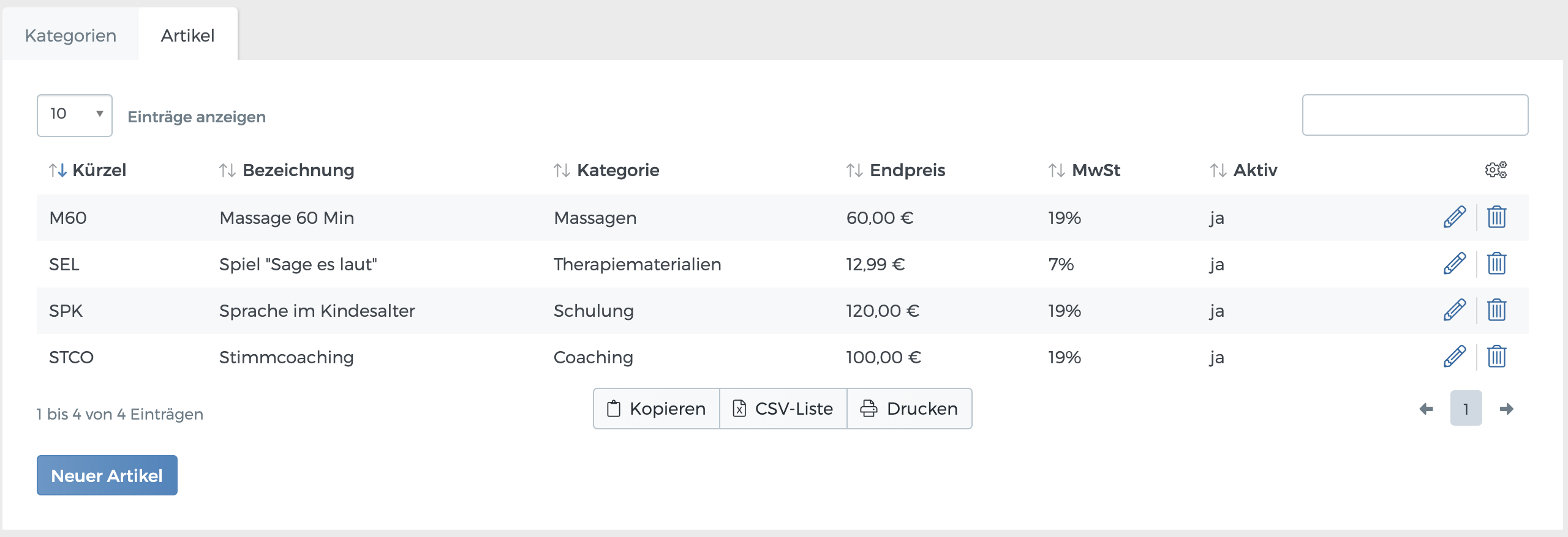 Liste der Artikel